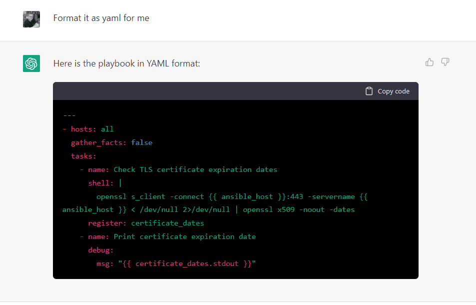 ChatGPT Ansible YAML