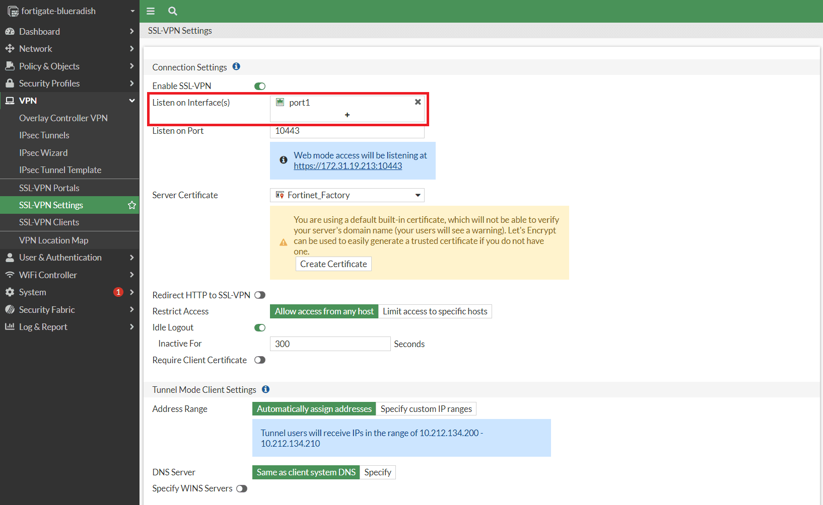 FortiGate SSL-VPN initial state