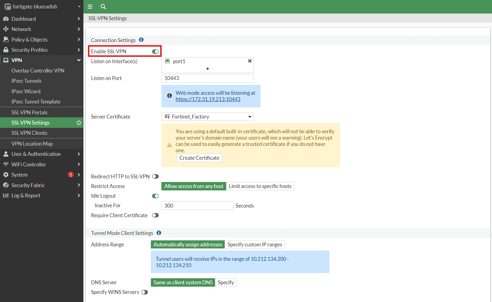 FortiGate SSL-VPN enable